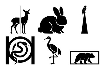 Minimal black animal silhouette icon set with deer rabbit heron bear and abstract spiral
