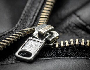 Close-up view of a metal zipper on dark leather, showing its slider, teeth and texture detail