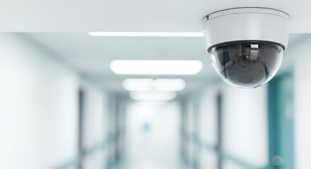 A modern security camera monitoring a bright hospital corridor for healthcare surveillance concept, emphasizing patient safety and medical facility oversight