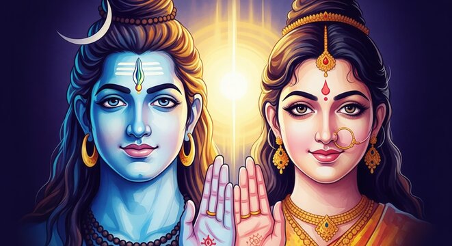 Lord Shiva Parvati Sacred Watercolor Illustration