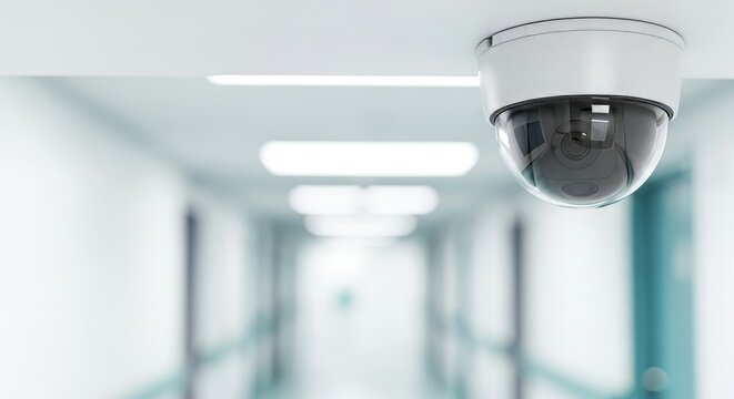 A modern security camera monitoring a bright hospital corridor for healthcare surveillance concept, emphasizing patient safety and medical facility oversight