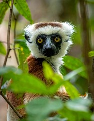 Obraz premium A curious lemur peers through leafy foliage, showcasing striking yellow eyes and unique patterned fur. The close-up shot gives a detailed view