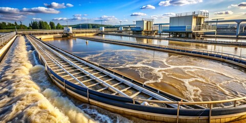 Wastewater Treatment Plant with Clear Blue Sky and White Clouds