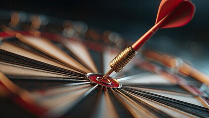 Close-up of a red dart hitting the center of a black, white, and red bullseye