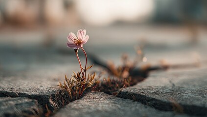 Close-up of delicate pink wildflower emerging from a crack in textured concrete