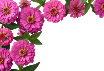 Vibrant pink zinnia flowers with green leaves forming a decorative border isolated on a transparent background