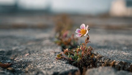 Delicate flower blooms from a crack in the pavement, symbolizing resilience and hope
