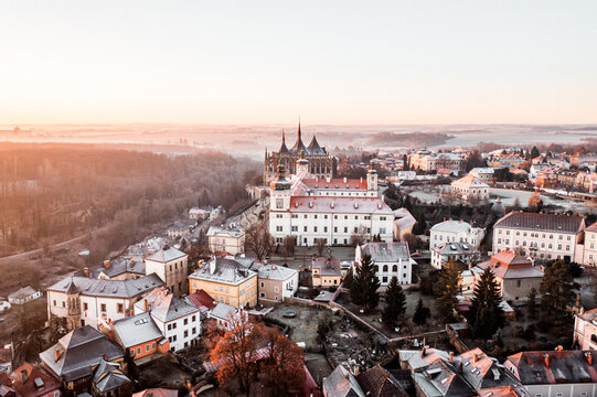 Aerial Sunrise View of Jesuit Monastery and St. Barbara's Church in Kutna Hora, Czech Republic