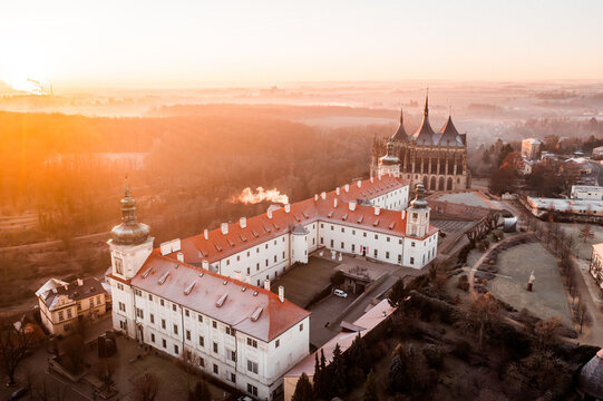 Aerial Sunrise View of Jesuit Monastery and St. Barbara's Church in Kutna Hora, Czech Republic