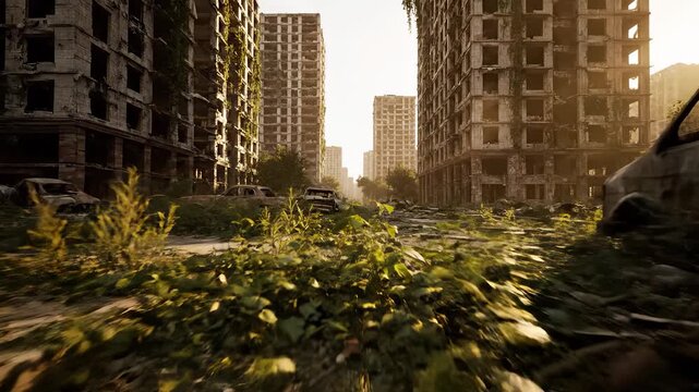 Ruin apocalypse city building urban decay. Overgrowth and abandoned car add destruction. Highrise towers stand derelict with rubble and vegetation. Quiet sunset light creates desolation and isolation.
