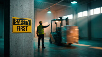 Fototapeta premium Industrial worker in high-vis vest directs a moving forklift with goods in a modern warehouse, with a prominent 'Safety First' sign.