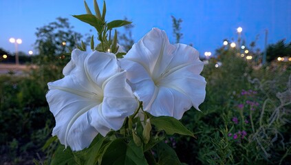 Large white trumpet-shaped blooms with dark green leaves against soft green and dusk sky