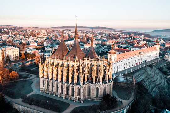 Aerial Sunrise View of Jesuit Monastery and St. Barbara's Church in Kutna Hora, Czech Republic
