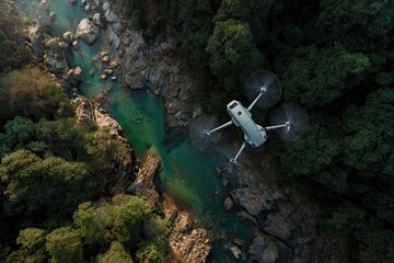 Aerial drone captures a river flowing through a lush, green forest from above
