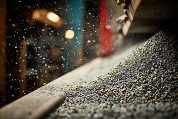 Close-up view of material pouring onto a pile from a moving industrial conveyor belt
