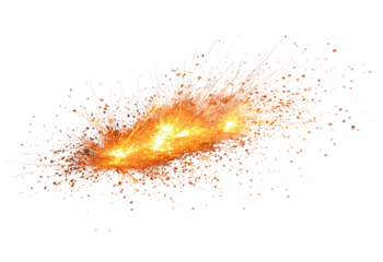 Bright orange sparks exploding outwards with glowing embers and light trails isolated on a transparent background