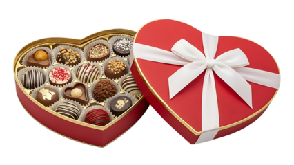 Heart-shaped box filled with delectable chocolates, presented in a romantic setting. The chocolates are arranged artfully