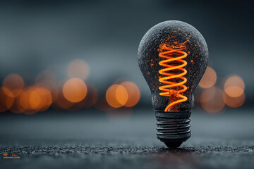 A minimalist image of an incandescent light bulb with a brightly glowing filament against a dark, blurred background.  