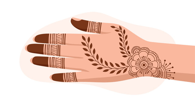 A hand with intricate henna designs on the palm and fingers in a minimalist vector illustration