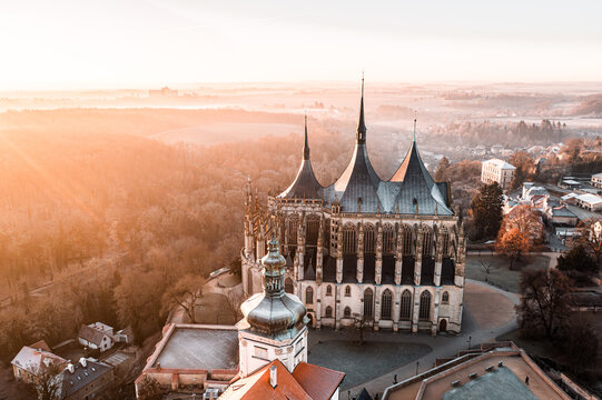 Aerial Sunrise over St. Barbara's Church in Kutna Hora, Czech Republic