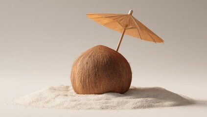 Coconut on sand with tiny parasol in soft light, evokes calm beach scene
