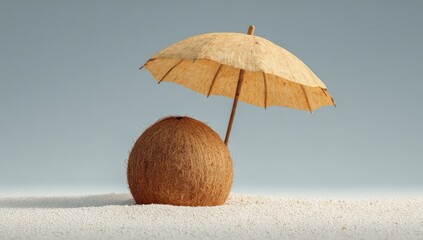 A coconut sits on sand beneath a small beach umbrella against a soft blue background