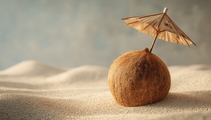 A coconut with a small parasol sits in a sandy beach environment
