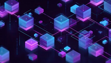Futuristic 3D render of interconnected glowing cubes floating in a dark space