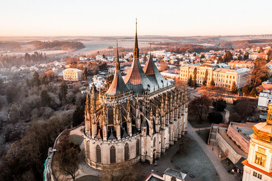 Aerial Sunrise over St. Barbara's Church in Kutna Hora, Czech Republic