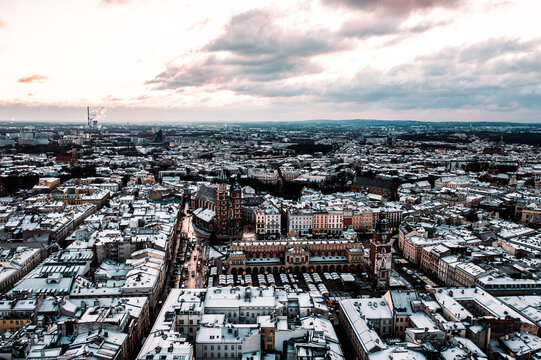 Aerial Drone Photo of a Sunrise over Old Town Square.  Krakow, Poland