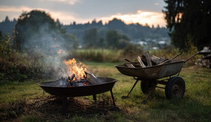 Outdoor scene of a fire burning with a wheelbarrow filled with firewood nearby