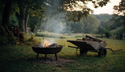 Evening scene a fire burns beside a wheelbarrow of logs in a wooded meadow