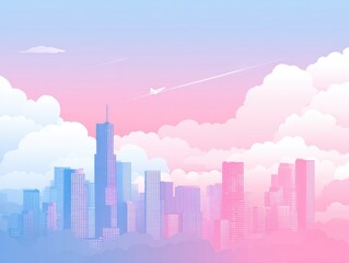 Cartoon city skyline with skyscrapers and clouds under a pastel blue and pink sky, with an airplane