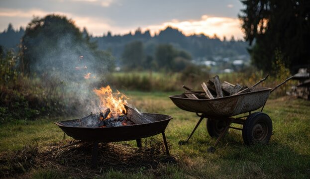 Outdoor scene of a fire burning with a wheelbarrow filled with firewood nearby