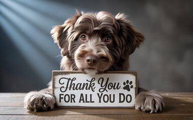A sweet furry brown puppy displays a thank you sign with a paw print detail