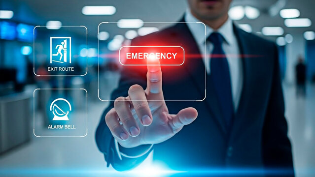 A businessman pressing an emergency button in a modern office building