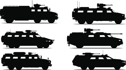 Armored military vehicle silhouette vector set, black side view illustrations, tactical combat transport, turret and antenna icons © LITON