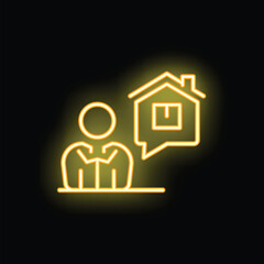 Fototapeta premium Neon style icon of a businessman thinking about a house in a speech bubble