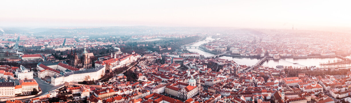 Aerial Sunrise of Prague Castle, St. Vitus Cathedral, and Vltava River