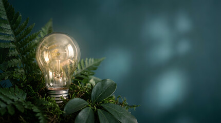 Sustainable energy concept with lightbulb and leaves