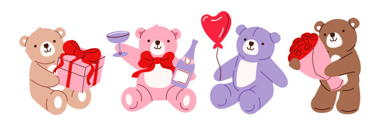 Valentines of Mother day stickers set. Whimsical teddy bears showing their love and holding romantic present box, flowers bouquet, heart balloon. Romance vector illustration.
