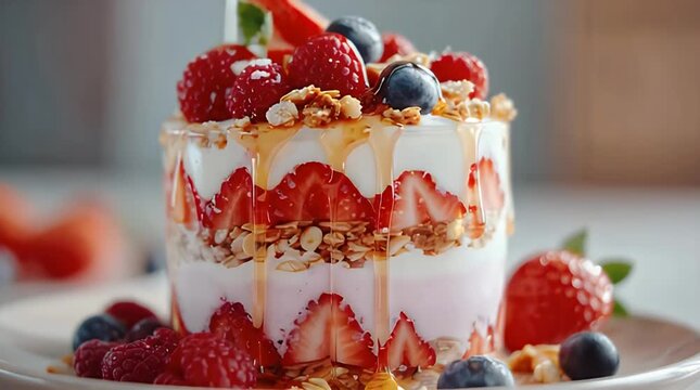 Close-Up Strawberry Yogurt Parfait on Pastel Background