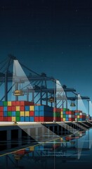 Fototapeta premium Industrial shipping cranes illuminate a waterfront container terminal under a dark night sky