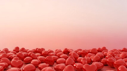 Fototapeta premium many red heart shapes, shiny and glossy, scattered on light pink background with copy space
