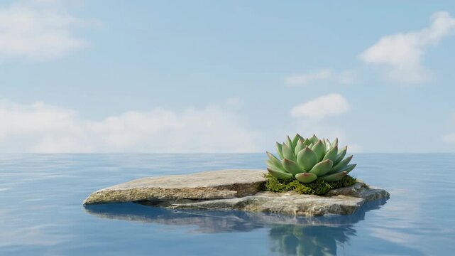 A serene coastal scene features a small rock island adorned with a vibrant succulent, harmonizing with the sky and water. 