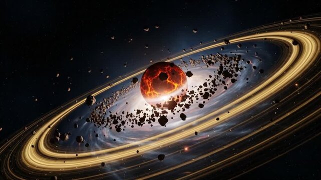 A large red planet surrounded by a ring system with many small asteroids and rocks floating in space