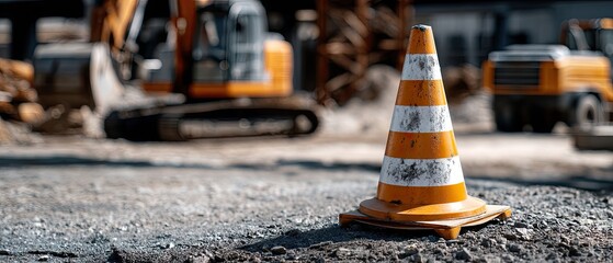 Traffic cone marks construction zone during asphalt paving with trucks and excavators working in background and blurred effect creating space for text
