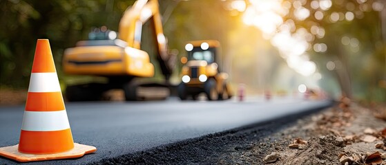 Traffic cone marks road repair area with excavator and machinery working on pothole fixes in daylight