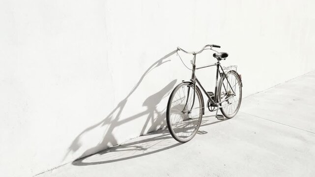 A vintage bicycle casts a striking shadow against a stark wall, creating a simple scene of elegant composition, light and shadow play.