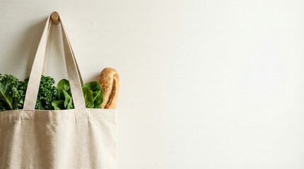 Reusable canvas tote bag filled with fresh green kale, spinach, and a baguette, hanging on a minimalist wall. Concept of sustainable grocery shopping